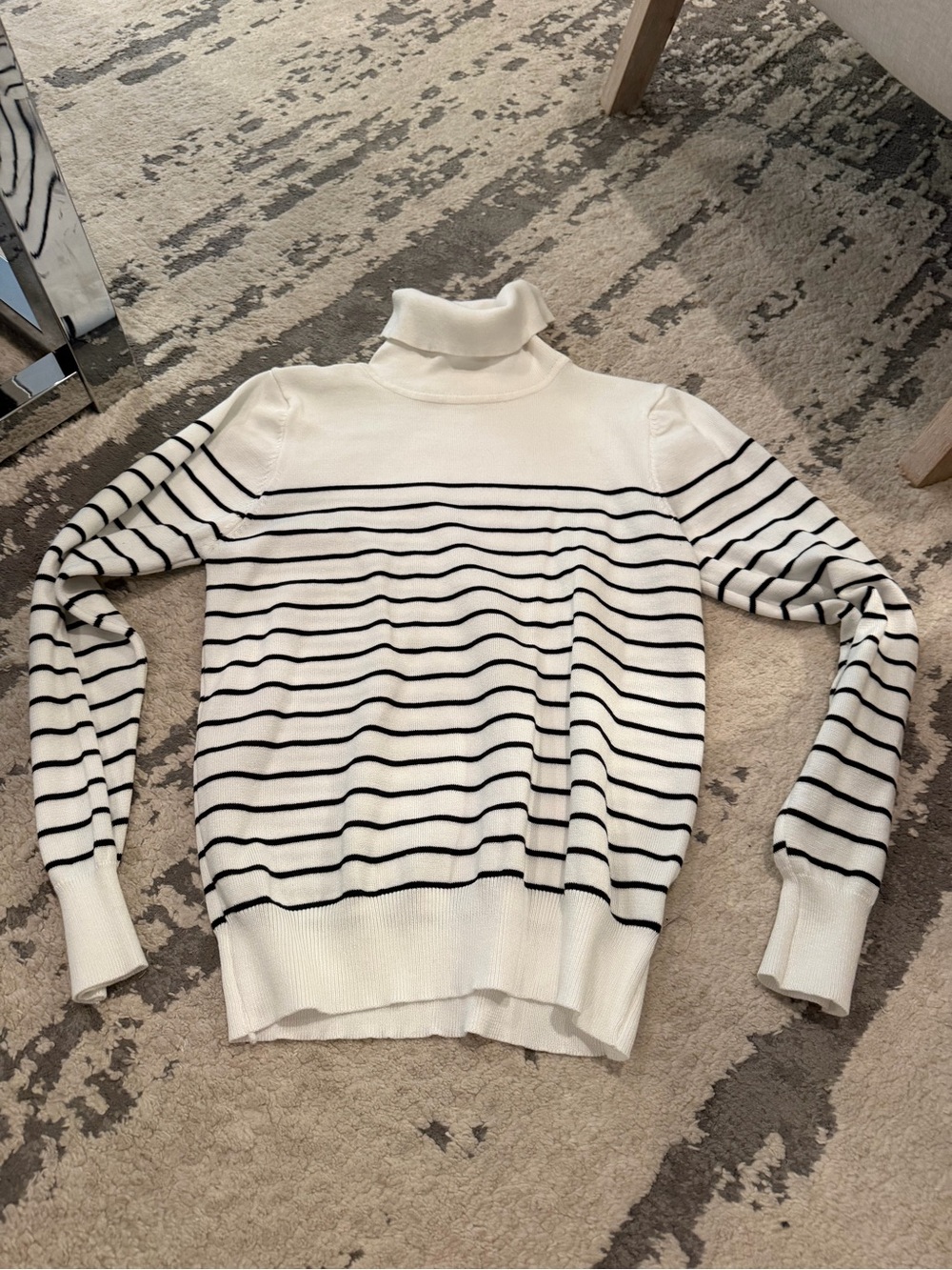 White and Black Striped Turtleneck Sweater - Women